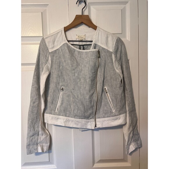 Lou & Grey Loft Linen Asymmetrical Zip Front Jacket Blue White Striped Women's S - Picture 1 of 10